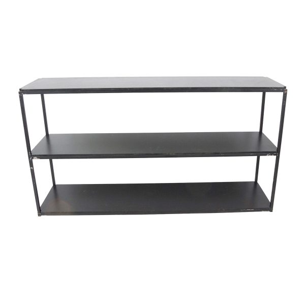 Black metal frame shelving unit with plexiglass shelves