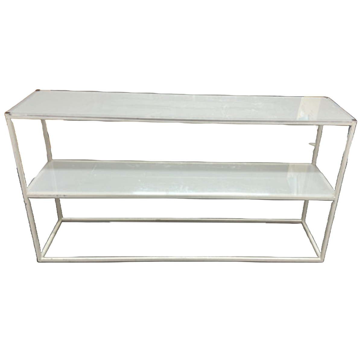 White metal frame shelving unit